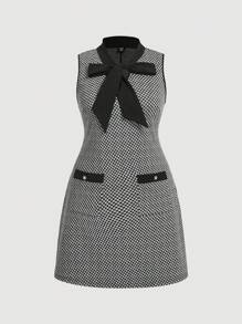 SHEIN MOD Plus Size 2pcs Set: Solid Color Long Sleeve Blazer Jacket & Contrasting Bow Sleeveless Dress, Elegant Suit Look In Fall/Winter - Black - View 6