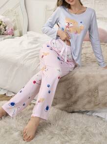 卡通可爱小狗印花女士圆领长袖上衣和裤子睡衣套装 - 彩色 - 查看 5