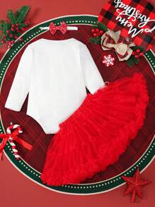 SHEIN Bộ 3 món cho bé gái: Áo liền quần dài tay in chữ + Chân váy lưới màu đỏ tương phản + Băng đô nơ, dành cho Giáng sinh - Đỏ - Xem 2