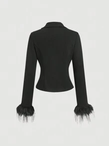 SHEIN MOD Women Black Fitted Blazer Jacket With Feather Trim Cuffs, Autumn - Black - View 2