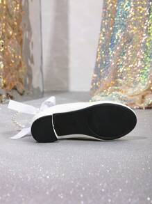 1 双女童珍珠蝴蝶结装饰踝带高跟鞋，四季百搭 - 白色 - 查看 3