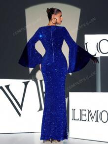 Square Neck Flounce Sleeve Sequin Formal Gown