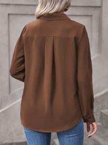 Vionelle Plus Size Plain Front Button Casual Shirt, Autumn Fall Cloth For Women - Brown - View 3