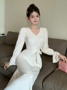 DAZY Abito elegante da donna a maniche a campana di colore unito, adatto per l'autunno e per occasioni come feste di compleanno e balli, con volant, vestito lungo a maniche lunghe per donne - Beige - Visualizzare 8