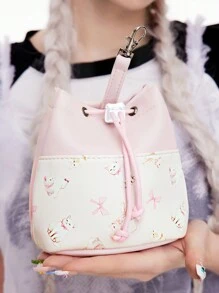 ROMWE Túi đựng đồ trang điểm cỡ lớn in hình mèo bướm nơ màu hồng dễ thương Kawaii - Hồng - Xem 1