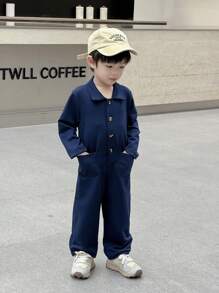 SHEIN Genkimix Kids 1pc Young Boy Casual Sports College Style Long Jumpsuit, Suitable For Daily School, Travel, Outdoor Activities, Fit For Spring And Autumn Back To School Season