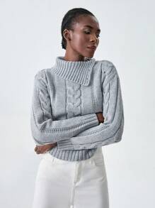 SHEIN Unity 纯色绞花针织圆领长袖毛衣，秋冬针织套头衫 - 灰色 - 查看 4