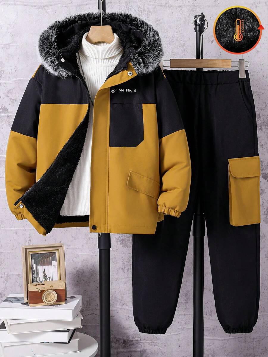 SHEIN Bộ quần dài có mũ trùm đầu và túi phối màu tương phản dành cho bé trai tuổi teen, thích hợp mặc ngoài trời, mùa thu/đông. - Nhiều màu - Xem 1