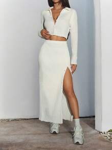 SHEIN EZwear 女式纯色长袖短款开衫和高开衩裙两件套，秋冬 - 杏色 - 查看 1