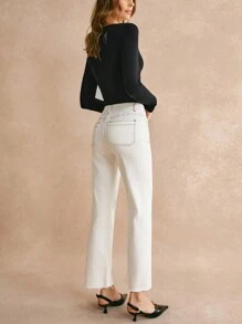 Poéselle 女士白色毛边直筒牛仔裤，夏季白色必备单品，休闲风格，轻松搭配 - 白色 - 查看 2