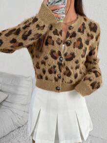 SHEIN Unity Áo khoác cardigan họa tiết da báo jacquard thường ngày cho nữ, Thu/Đông - màu nâu - Xem 6