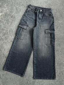 DAZY Jeans cargo de pierna recta holgados y de ajuste suelto para mujer con bolsillos grandes