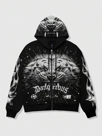 Street Life Sweat-shirt à capuche décontracté à manches longues avec fermeture éclair frontale et imprimé animal pour hommes