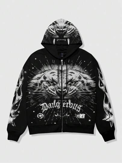 Street Life Sudadera casual con capucha, de manga larga, con cremallera frontal y estampado animal para hombres