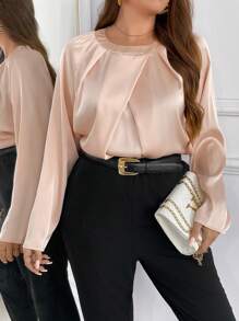 SHEIN Frenchy Plus Size Women Solid Color Round Neck Pleated Long Sleeve Elegant Blouse, Autumn - Dusty Pink - View 1