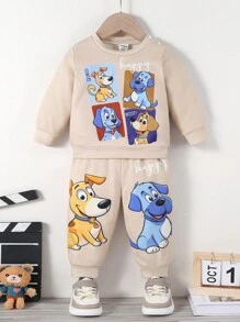 男婴小狗图案厚圆领连帽衫和裤子 2 件/套，休闲适合居家聚会和派对