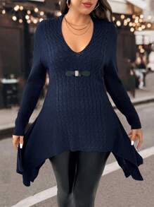 SHEIN LUNE Plus Size Women V-Neck Long Sleeve Casual Asymmetric Hem Sweater Knit Pullover Fall Winter - Navy Blue - View 5