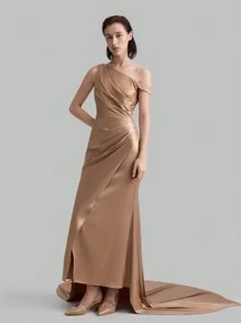 Ontre Sloping Shoulder Frills, Elegant, Light, Trailing, Super Women's Long Dress, Dress, Party, Festival, Show Figure, Show Elegant - Dusty Pink - View 3