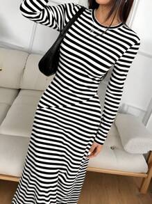 Muchica 女式黑色条纹针织紧身连衣裙 - 黑與白 - 查看 3