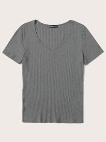 SHEIN Essnce Women's Solid Color V-Neck Ribbed Casual Short Sleeve T-Shirt - Dark Grey - View 3