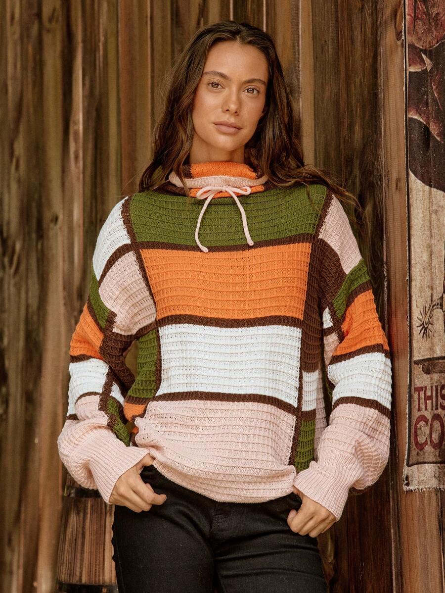 LanaWest Pull ample tricoté à épaules tombantes avec blocs de couleurs, style décontracté pour l'automne/hiver - Multicolore - Voir 1