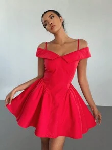 Aloruh 1 pieza Vestido mini elegante de mujer de unicolor con hombros descubiertos, tirantes de espagueti, cintura fruncida con volante para Navidad, Año Nuevo, Acción de Gracias, vacaciones, negocios y ocasiones formales, elegante, rojo, lindo, sexy