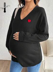 SHEIN Maternity Heart Applique Long Sleeve Sweater, Autumn & Winter