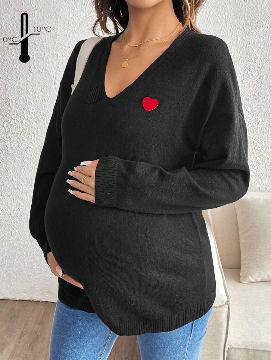 SHEIN Maternity Heart Applique Long Sleeve Sweater, Autumn & Winter