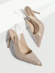 CUCCOO SZL 女士时尚高跟水钻装饰鞋派对坏人潮流别致华丽风格圣诞迪斯科派对夜间外出秋季新年假期 - 杏色 - 查看 6