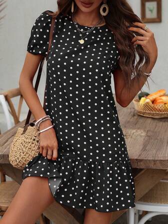 EMERY ROSE Women's Summer Polka Dot Printed Round Neck Short Puff Sleeve Straight Dress