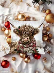 节日圣诞奶牛图案枕套 - 17.7 英寸 X 17.7 英寸单面印花，柔软舒适的设计，适用于沙发、客厅、卧室家居装饰，无枕芯，易于护理和保养，非常适合节日季节 - 彩色 - 查看 2