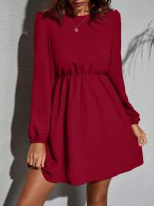 SHEIN Clasi Solid Color Waisted Long Sleeve Casual Dress, Suitable For Music Festival Burgundy Color Women Outfit