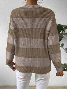 Chiquease 1pc Women Striped Dropped Shoulder Round Neck Casual Pullover Sweater, Autumn/Winter - Multicolor - View 2