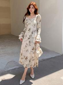 DAZY 女式花卉印花泡泡袖方领中长连衣裙，荷叶边，秋季服装长袖连衣裙 - 杏色 - 查看 3
