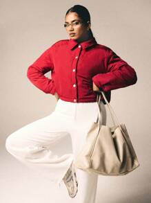 Athîral Women Casual Solid Color Short Jacket, Winter - Red - View 5