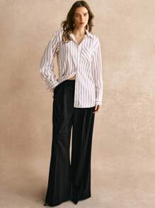 Poéselle Camicia casual da donna a righe con bottoni sul davanti e maniche lunghe, collezione Autunno/Inverno 2024, abbigliamento invernale, outfit autunnali da donna, maniche lunghe a righe - Beige - Visualizzare 4