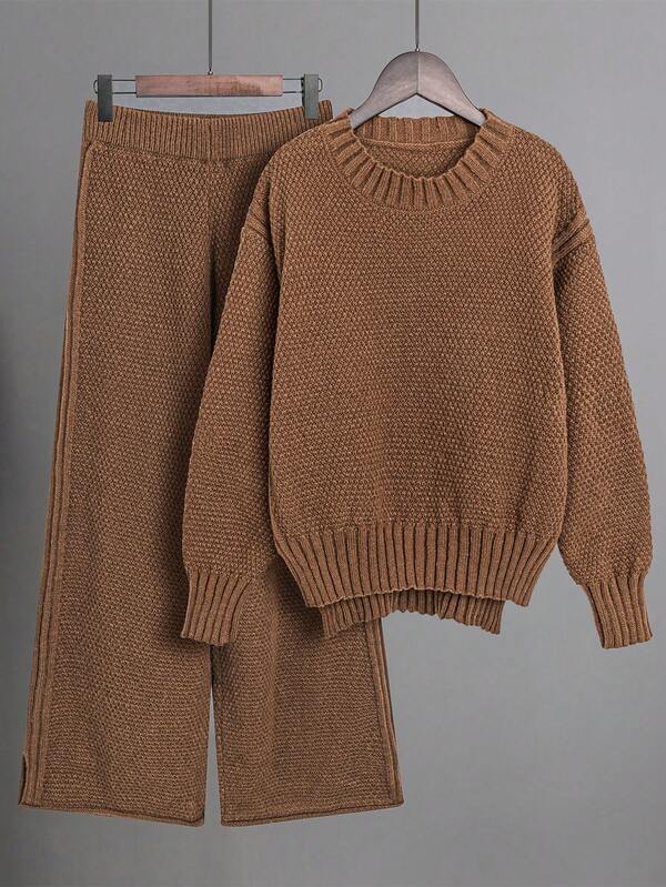 Franclia 2pcs/Set Solid Color Crew Neck Long Sleeve Top And Pants Casual Outfit Fall Winter Cloth For Women