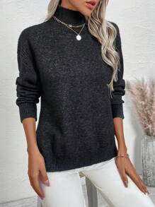 Calvaya Plus Size Solid Color Turtleneck Casual Long Sleeve Pullover Sweater, For Winter Knit Pullover Fall - Black and White - View 6