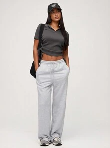 SHEIN BASICS Blusa casual de punto de unicolor con cuello y manga corta para dama con cordón a los lados - Gris Oscuro - Ver 4