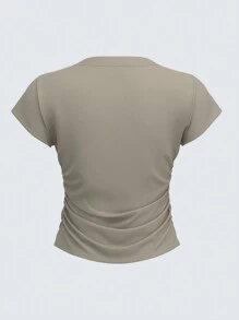 SHEIN BASICS Casual Solid Color Knit Round Neck Short Sleeve Fitted With Side Pleats Women T-Shirt