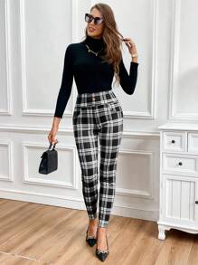 SHEIN Clasi Women's Elegant Casual High Waisted Fitted Plaid Print Metal Buckle Decor Knit Pants Teachers' Day Back-To-School Office Work Black And White Summer - Black and White - View 6