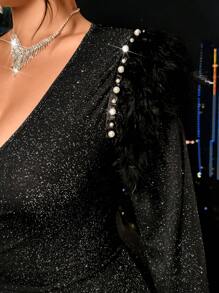 Allurite Plus Size Women's V-Neck Long Sleeve Sequin Embellished Fitted Evening Dress Fall Cloth For Women - Black - View 8