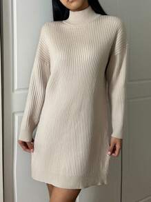 SHEIN EZwear 女式纯色长袖高领罗纹针织休闲连衣裙 - 杏色 - 查看 4