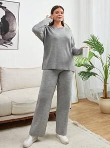 SHEIN Cottnline Plus Size Women Faux Pearl Detailed Sleeve Sweater And Pant Two Pieces Outfit Sets - Grey - View 1
