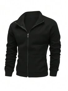 Manfinity Dauomo Men's Casual Zip-Up Stand Collar Sweatshirt For Autumn, Long Sleeve Top - Black - View 1