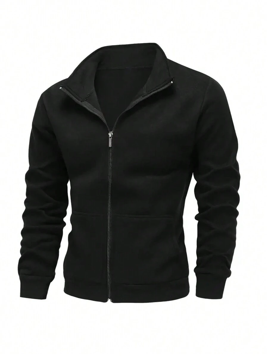 Manfinity Dauomo Men's Casual Zip-Up Stand Collar Sweatshirt For Autumn, Long Sleeve Top - Black - View 1