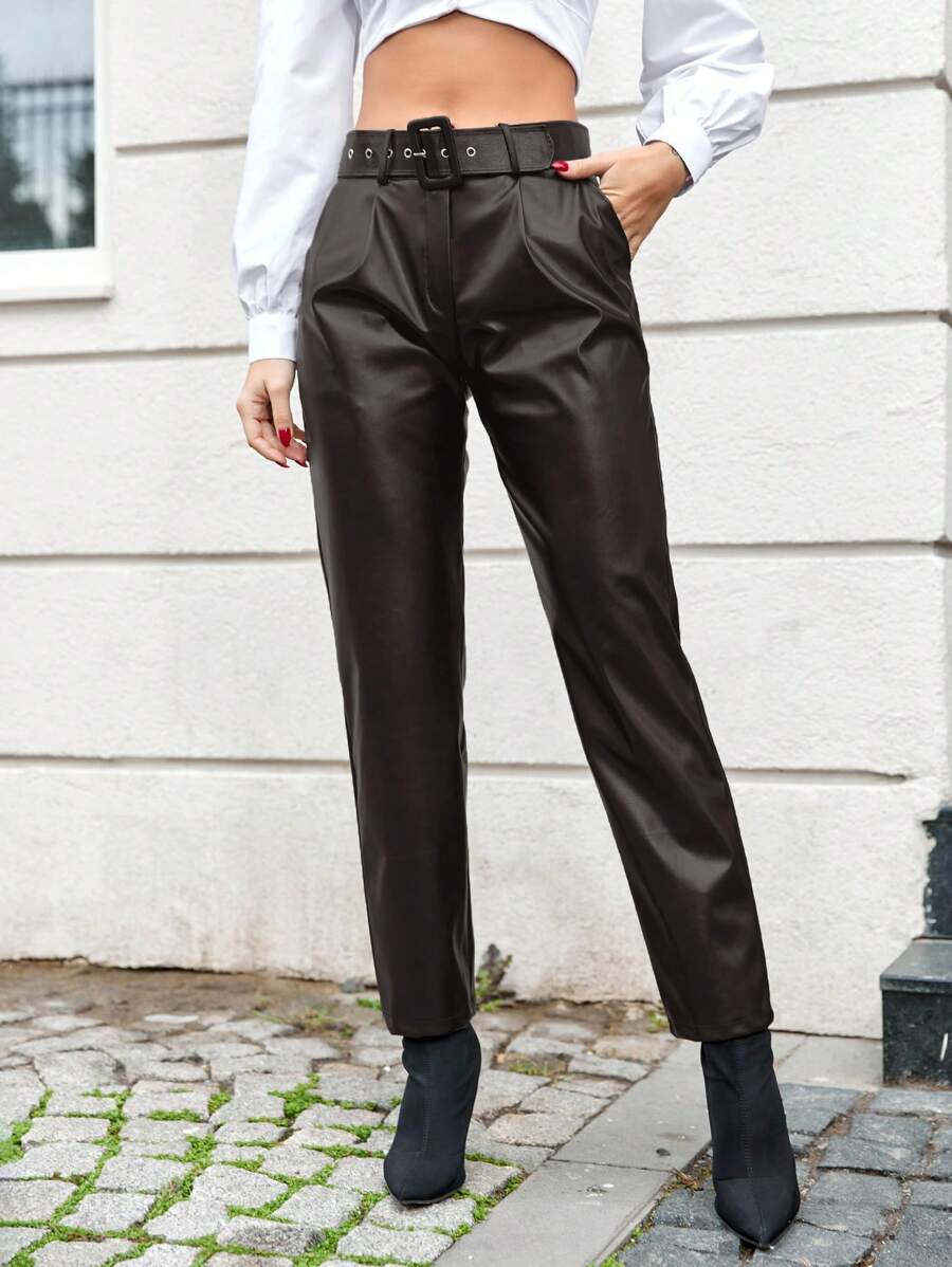 Jednolity Z paskiem PU Skóra Spodnie