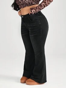 SHEIN CURVE+ Black Plus Size Jeans Casual Skinny Stretch Flared Pants Lined For Added Warmth