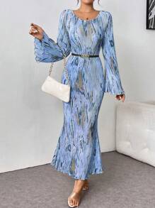 Calvaya Vestido de tul con estampado de teñido anudado, dobladillo de cola de pez ajustada, tela de satén fruncida, color albaricoque, atuendo maxi para mujer