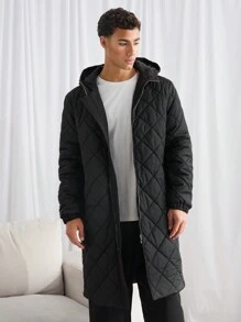 Manfinity VCAY Men's Loose Drop Shoulder Casual Hooded Padded Coat, Suitable For Winter - Black - View 3